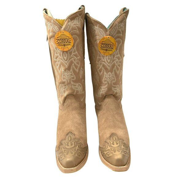 Corral Womens Tan Suede Embroidered Western Cowboy Boots  Size 8.5 - Picture 2 of 11
